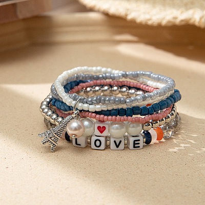 Bohemian Vacation Style Glass Beaded Stackable Stretch Bracelets Set for Women OD2918-8-1