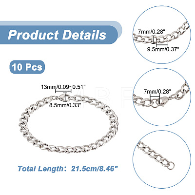 Unicraftale 10Pcs Unisex 304 Stainless Steel Curb Chain/Twisted Chain Bracelets Set STAS-UN0048-40-1