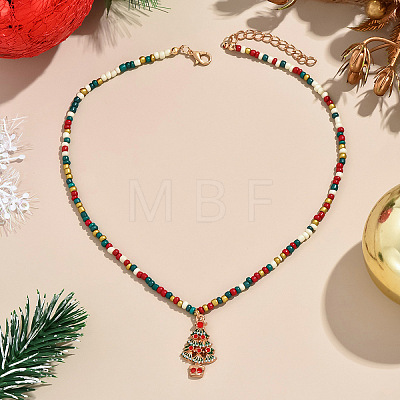 Christmas Alloy Enamel Pendant Colorful Glass Seed Beaded Necklaces FS-WG695D6-01-1