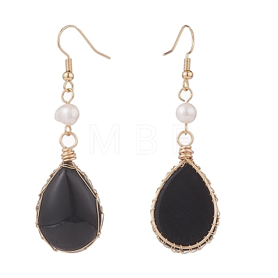 Natural Obsidian Teardrop Dangle Earrings with Natural Pearl EJEW-JE04850-02-1