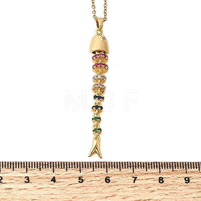 201 Stainless Steel Pave Colorful Cubic Zirconia Fish Bone Pendant Necklaces for Women NJEW-C111-02A-G-1