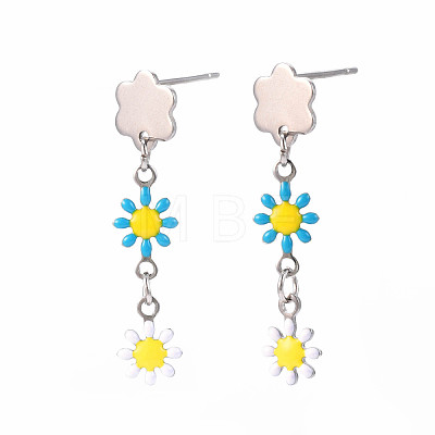 Enamel Flower Long Dangle Stud Earrings EJEW-N049-04A-1