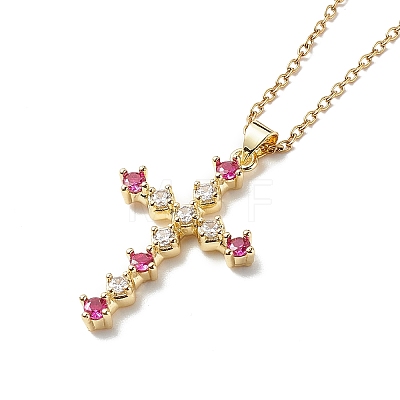Fuchsia Cubic Zirconia Cross Pendant Necklace NJEW-JN04084-1