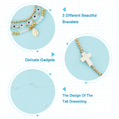 3Pcs 3 Style Rosary Bracelets Set with Virgin Mary Charm BJEW-AR0001-04-1