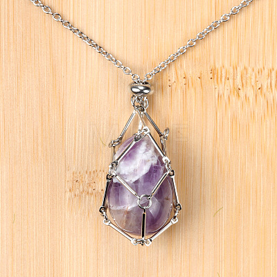 Natural Amethyst Easter Egg Cage Pendant 304 Stainless Steel Cable Chain Necklaces FS-WGA333C-08-1
