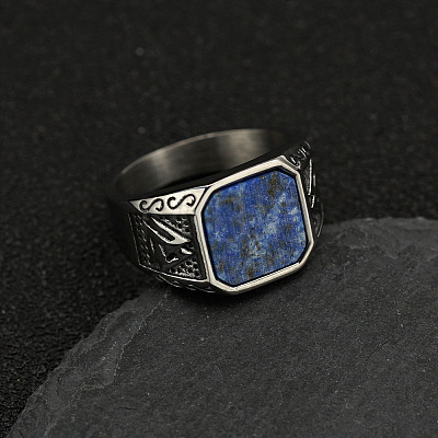 304 Stainless Steel with Natural Lapis Lazuli Finger Rings FS-WG06E27-28-1