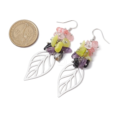 Leaf 201 Stainless Steel Natural Amethyst & Natural Lemon Jade & Natural Tourmaline & Synthetic Cherry Quartz Chip Dangle Earrings EJEW-JE06138-04-1