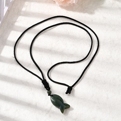 Natural Moss Agate Fish Pendant Black Nylon Cord Necklaces NJEW-G185-01F-1