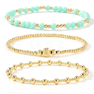 3Pcs Glass & Brass Round Beads Stretch Bracelets HD9470-7-1