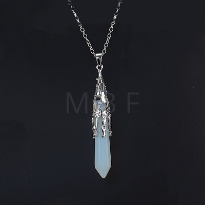 Opalite Six-Sided Prism Healing Dowsing Pendulum Pendant Iron Cable Chain Necklaces for Divination HM5691-1-1