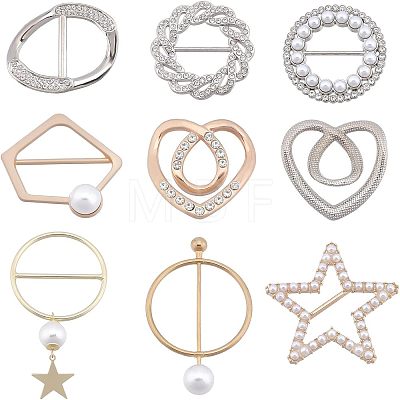 SUPERFINDINGS 9Pcs 9 Style Alloy Rhinestone Slide Bowknot Buckles & Scarf Clips Brooches JEWB-FH0001-06-1