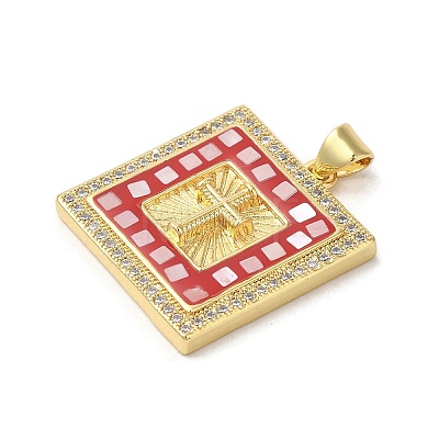 Square with Corss  Brass Micro Pave Cubic Zirconia Pendants KK-K385-041G-1