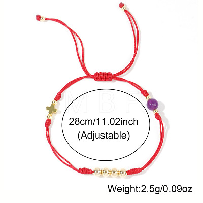 Stylish Round Natural Amethyst & Cross Brass Bead Braided Bracelets GG3213-1