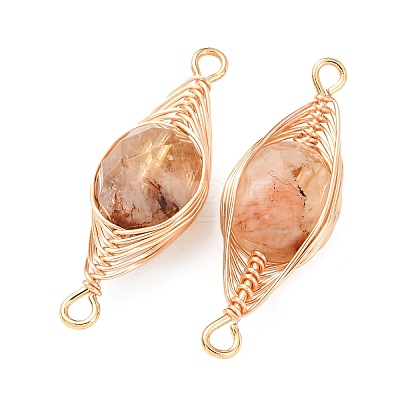 Heated Natural Yellow Quartz Faceted Flat Round Links Connector Charms with Copper Herringbone Wire-Wrapped KK-Z152-09G-03-1