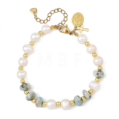 Rondelle Natural Larimar and Potato Natural Cultured Freshwater Pearl Beaded Bracelets BJEW-JB14435-1