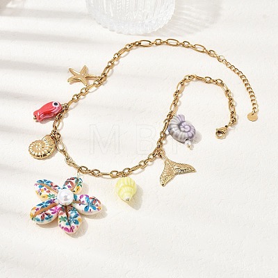 Printed Natural Cowrie Shell Colorful Flower & Ceramics Shell Shape Fish Pendant 304 Stainless Steel Chain Bib Necklaces for Women NJEW-A063-03G-1