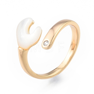 Natural Shell Heart Open Cuff Ring with Clear Cubic Zirconia RJEW-N039-09LG-1
