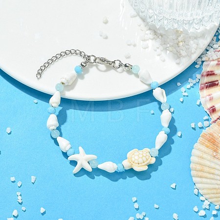 Natural Trumpet Shell & Dyed Yellow Jade & Glass & Synthetic Turquoise Beaded Bracelets for Women BJEW-JB14106-1