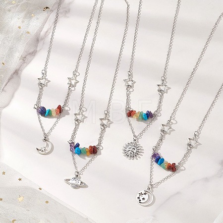 Chakra Gemstone Chip Beaded & Alloy Sun Moon Star Planet Pendant Brass Cable Chain Necklaces for Women NJEW-JN05794-1