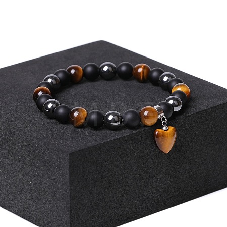 Natual Black Obsidian & Synthetic Non-magnetic Hematite & Natural Tiger Eye Beads Charm Bracelets AC2290-3-1