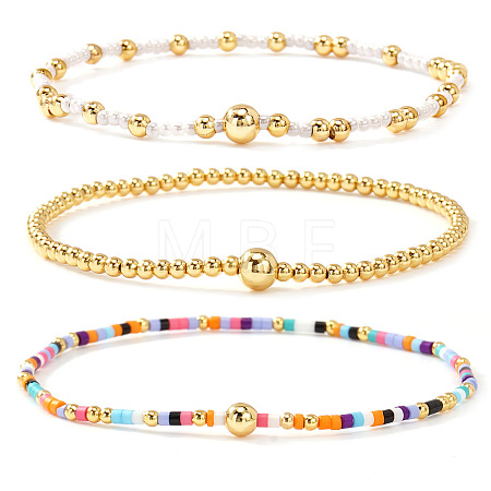 3Pcs 3 Styles Glass Seed Beads & Brass Beads Stretch Bracelets Set for Women VQ8944-5-1