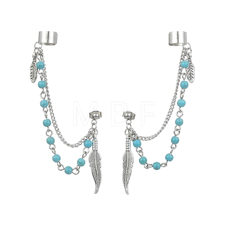 Tibetan Style Alloy Feather Stud Earrings with Ear Cuff EJEW-TA00301-1
