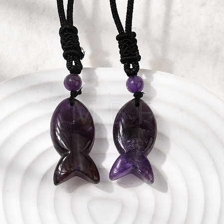 Natural Amethyst Fish Pendant Black Nylon Cord Necklaces NJEW-G185-01C-1
