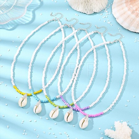 Summer Beach Natural Cowrie Shell & Alloy Fishbone Pendant Glass Beaded Necklaces for Women NJEW-JN06578-1