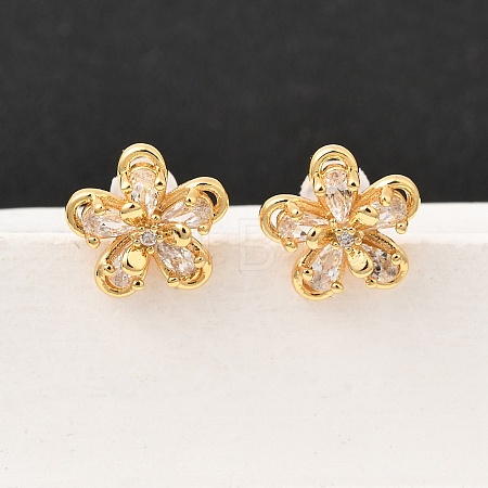 Brass Micro Pave Clear Cubic Zirconia Flower Stud Earrings EJEW-C158-17C-G-1