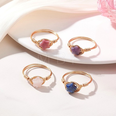 Golden Tone Copper Wire Wrapped Natural Gemstone Finger Rings RJEW-JR00983-1