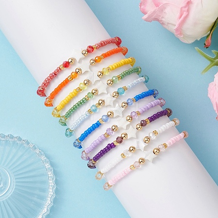 10Pcs Glass Seed Beads & Glass & Natural Trochid Shell Beaded Stretch Bracelets for Women BJEW-MZ00272-1