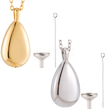 2Pcs 2 Colors 201 Stainless Steel Teardrop Memorial Urn Ashes Pendant Necklaces NJEW-CN0001-21-1