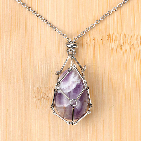 Natural Amethyst Easter Egg Cage Pendant 304 Stainless Steel Cable Chain Necklaces FS-WGA333C-08-1