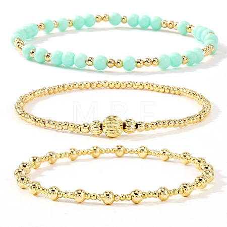 3Pcs Glass & Brass Round Beads Stretch Bracelets HD9470-7-1