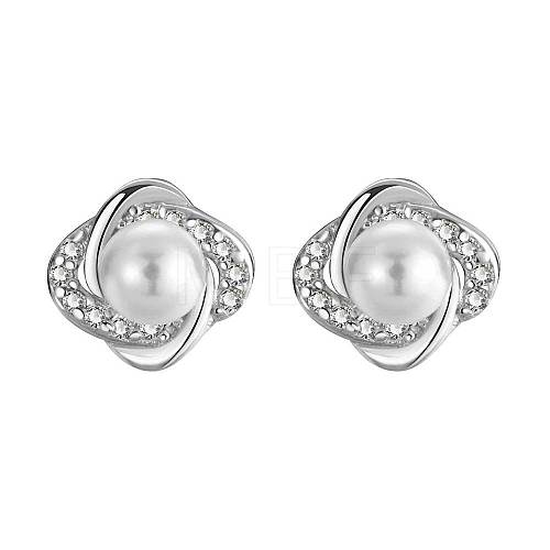 Silver Stud Earrings with Zirconia and Imitation Pearl OU5648-1