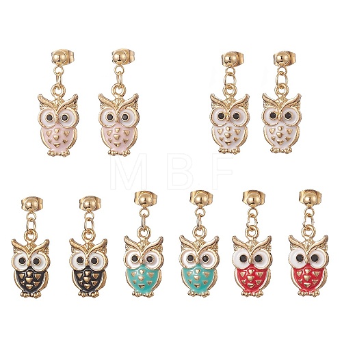 5 Pair 5 Color Alloy Enamel Owl Dangle Stud Earrings EJEW-JE05235-1