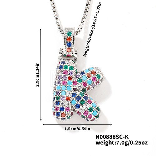 Brass Pave Colorful Cubic Zirconia Letter Pendant Box Chain Necklaces NU0575-37-1