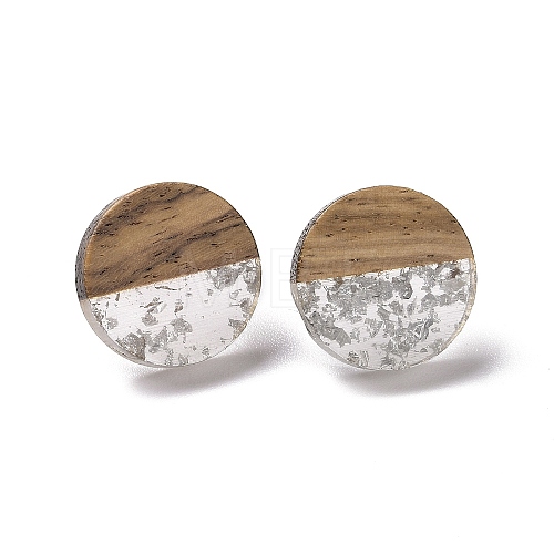 Resin & Walnut Wood Flat Round Stud Earrings with 304 Stainless Steel Pin for Women EJEW-N017-010B-01-1