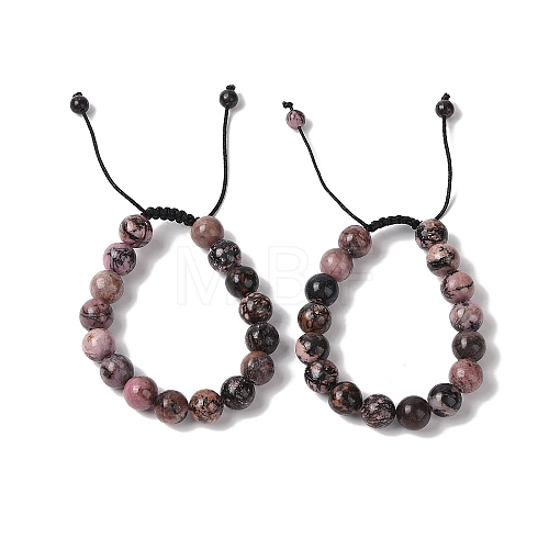 10mm Round Natural Rhodonite Braided Bead Bracelets BJEW-C067-01C-13-1