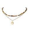 Tree of Life 304 Stainless Steel Pendant Cable Chain and Natural Tiger Eye Rectangle Round Beaded Double Layer Necklaces NJEW-JN05713-1