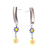 Rectangle with Flower Enamel Long Dangle Stud Earrings EJEW-N049-06A-3