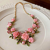 Spring Alloy Rhinestone & Plastic Pearl Rose Flower Garland Bib Necklaces for Women FS-WG9B03D-02-1