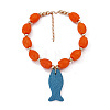 Bohemian Dyed Natural Lava Rock Dodger Blue Fish Shaped Pendant Resin Barrel Beaded Necklaces with Alloy End Chains for Women WGC0D2D-01-1