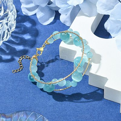 Sky Blue Round Cat Eye Beaded Brass Bangles for Women BJEW-JB10741-1