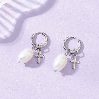 Natural Cultured Freshwater Pearl Rice with Cross Hoop Earrings EJEW-JE06744-1