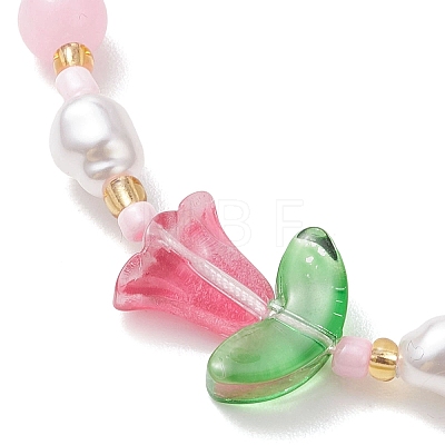 Natural Dyed Yellow Jade & Plastic Imitation Pearl Braided Bead Bracelets for Women BJEW-MZ00308-1