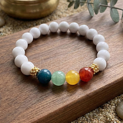 Round Natural Mixed Stone and Acrylic Imitation Pearl Beaded Stretch Bracelets for Women CO7250-1