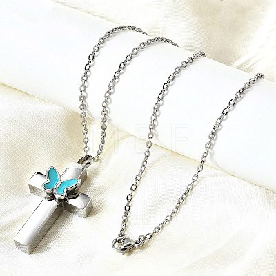 304 Stainless Steel Enamel Butterfly Cross Pendant Urn Ashes Necklaces NJEW-K393-03P-1