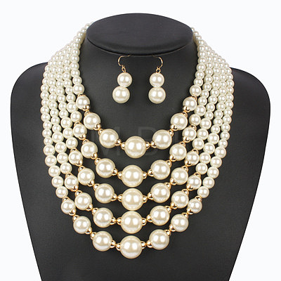 ABS Plastic Imitation Pearl Round Beaded Multilayer Necklaces & Dangle Earrings Sets WGC2095-02-1