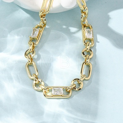 Ring & Paperclip Brass Micro Pave Cubic Zirconia Link Chain Bracelets for Women BJEW-D458-04G-02-1